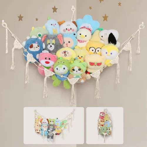 Miniatura 16 de Hamaca para Animales de Peluche de Esquina - 142 cm Jumbo Hecha a Mano de 5mm de Doble Cordón de Macramé para Almacenamiento de Animales de Peluche