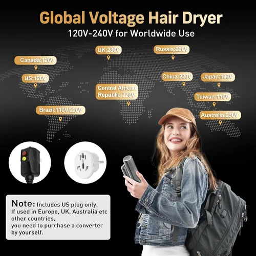 Miniatura 5 de Quico Secador de pelo de viaje de doble voltaje, 120,000 rpm, secador de pelo de bolsillo BLDC de secado rápido para mujeres con concentrador