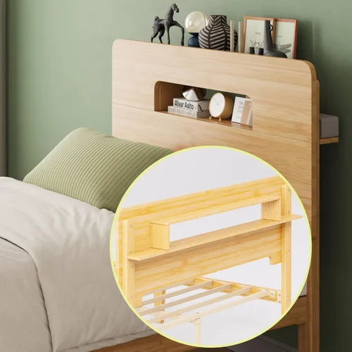 Miniatura 7 de ZIYOO Marco de cama de madera de bambú maciza tamaño individual con cabecera de almacenamiento, marco de cama plataforma de 14 pulgadas