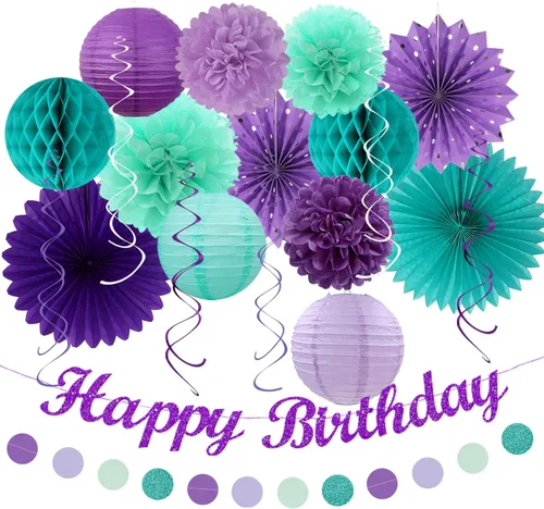 Miniatura 12 de Paquete de decoración de fiesta de cumpleaños para mujeres y hombres - 21 piezas. Banner feliz, papel de banderines, linternas de panal, pompones