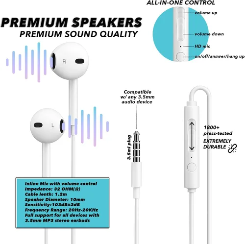 Miniatura 13 de Auriculares con cable con micrófono, auriculares intrauditivos de 0.138 in con control de volumen en línea, auriculares enchufables para portátiles