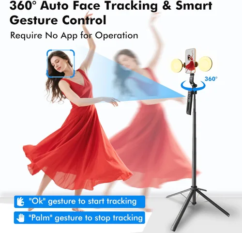 Miniatura 3 de Trípode para selfie stick de seguimiento automático con luz de llenado, rotación de 360 grados y control de gestos, trípode para selfie stick