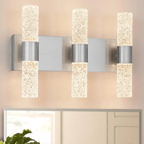 Miniatura 13 de Juego de 2 apliques de pared LED de cristal, lámparas de baño de oro cepillado, modernas luces de baño con LED con cable para dormitorio, sala