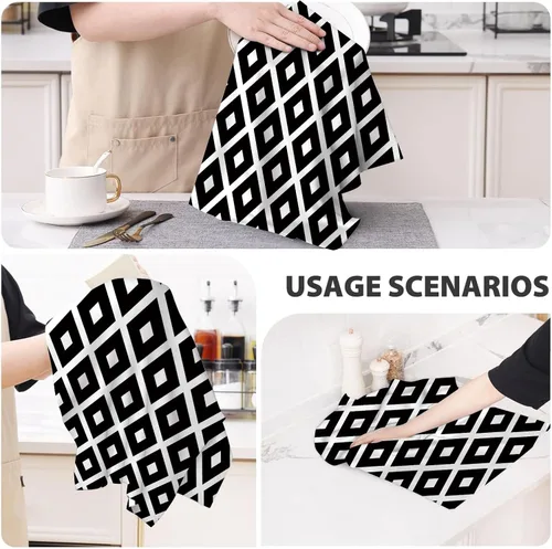 Miniatura 6 de Juego de 2 paños de cocina y paños de cocina con diamantes en blanco y negro, toallas de cocina para secar platos, suaves y absorbentes, secado a