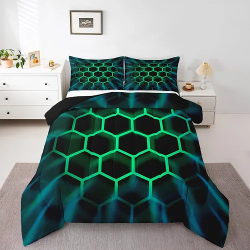 Miniatura 9 de Juego de ropa de cama individual de panal para niños y niños, color negro, verde azulado, azul, hexagonal, geométrico, patrón de colmena, edredón