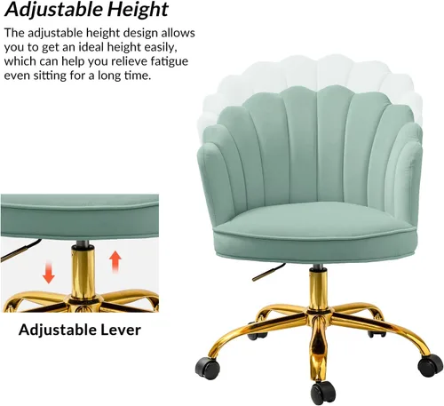 Miniatura 4 de HULALA HOME Silla de oficina en casa de terciopelo con base dorada, silla de escritorio tapizada moderna y linda de concha para mujer para tocador