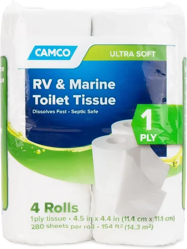 Camco Papel higiénico marino y para autocaravana - 4 rollos - Papel higiénico de 1 capa de disolución rápida apto para tanque séptico de