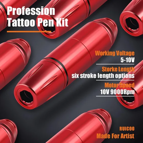 Miniatura 2 de Kit de bolígrafo de tatuaje - Ruicoo Tattoo Rotary Machine Machine Pen Kit inalámbrico (rojo) Estuche de transporte con agujas de cartucho