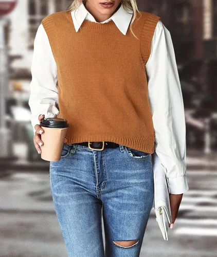Miniatura 8 de PEIQI Suéter de punto para mujer, sin mangas, liso, casual, básico