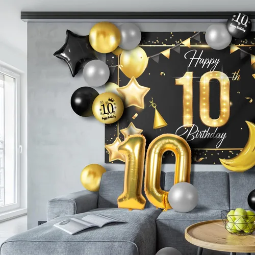 Miniatura 5 de Juego de globos dorados de feliz cumpleaños número 10 – Saludos a los 10 años de edad, guirnalda temática de fiesta con estrellas y luna, decoración