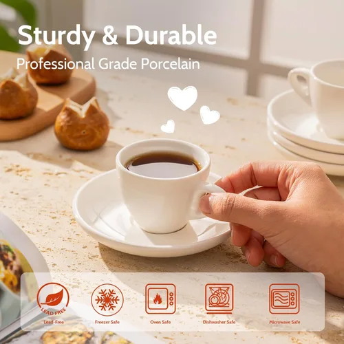 Miniatura 4 de Sweese - Juego de 6 tazas de porcelana de 4 onzas con platillos para espresso, capuchino, latte, té - Color blanco