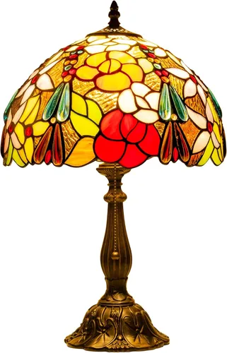 Miniatura 11 de Tiffany Style Stained Glass Table Lamp, Floral Pattern Desk Light with Antique Bronze Resin Base, Red Roses Decorative Lighting for Bedroom, Living
