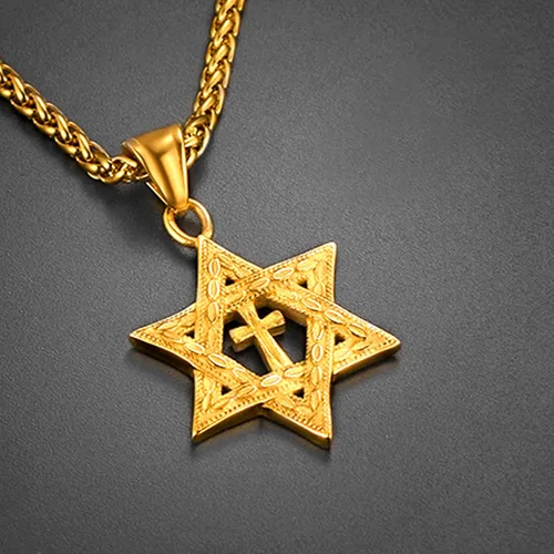 Miniatura 33 de U7 - Collar con Estrella de David para hombres y mujeres, dije hexagonal de acero inoxidable con cruz/piedra de rubí/collares clásicos judíos