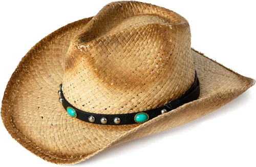 Miniatura 4 de Comhats Sombrero de paja de vaquero redondo de estilo occidental para mujer, cordón de barbilla Fedora de cuero vegano, ala moldeable, vaquera