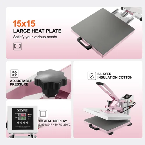 Miniatura 6 de Prensa de calor VEVOR, máquina de prensa de calor digital de 15 x 15 pulgadas, máquina de transferencia de calor deslizable, calentamiento rápido