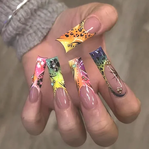 Miniatura 17 de MISUD Uñas a presión – Uñas cuadradas largas con pegamento rosa y negro, acrílico Y2K diseño de dijes de 24 piezas