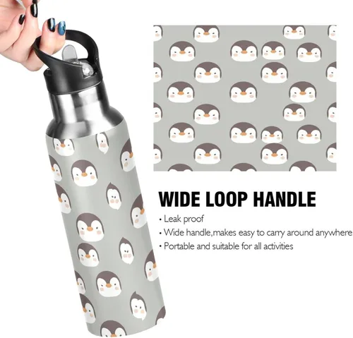 Miniatura 4 de Cute Penguins Face Gray Insulated Stainless Steel Water Bottle with Straw 20 Oz, BPA-Free Sport Water Bottle Insulated Leakproof Water Bottles