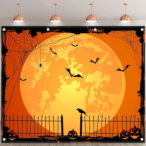 Miniatura 2 de Telón de fondo naranja para fotos de Halloween de 10 x 8 pies para fiestas, parche de calabaza grande, luna, fotografía, fondo, bruja para niños