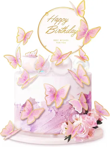 Juego de 11 unidades de decoraciones de mariposa para pastel rosa dorado - Decoración de pastel de feliz cumpleaños de metal dorado (LL-652)