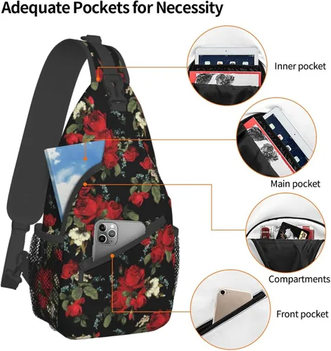 Miniatura 2 de Junong Bolso bandolera bandolera para viajes, senderismo, pecho, mochila deportiva para mujeres y hombres, Patrón floral de rosas rojas