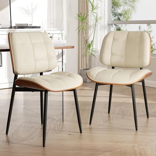Miniatura 3 de Silla de comedor, moderna de mediados de siglo con cojín grueso, sillas de cocina tapizadas de piel sintética con respaldo de madera curvada de Beige