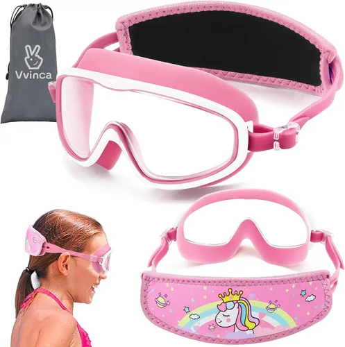 Miniatura 15 de Vvinca Gafas de natación para niños con correa de tela, sin enredos, sin dolor, antivaho para piscina, sin fugas, para niños y niñas
