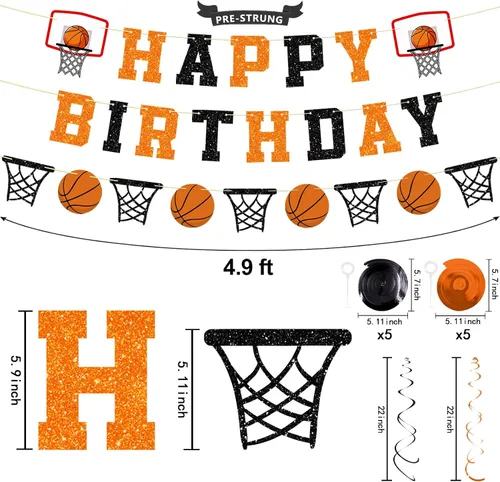 Miniatura 4 de Decoraciones de fiesta de cumpleaños de baloncesto preencordadas, sin pancarta de feliz cumpleaños con purpurina, guirnalda de papel, remolinos