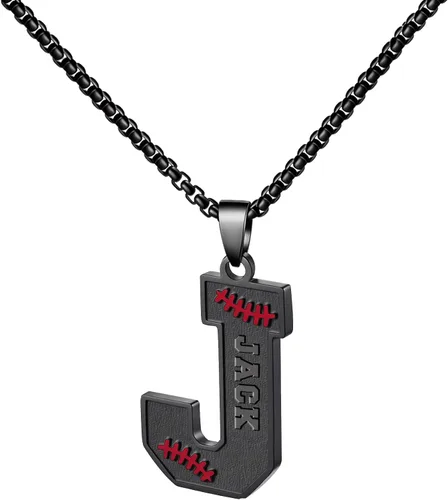 Miniatura 64 de Ldurian Collar personalizado con nombre de béisbol, cadena negra de acero inoxidable, collar con nombre deportivo, letra A-Z de 24 pulgadas, regalos