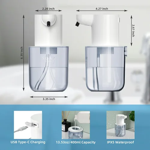 Miniatura 4 de Dispensador automático de jabón espumoso recargable sin contacto de 13.53 onzas / 13.5 fl oz con montaje en pared y dispensador de jabón eléctrico