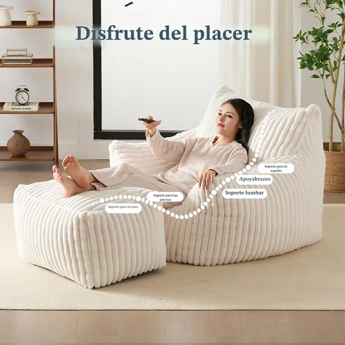 Miniatura 5 de Puf Chaise Lounge de Gran Tamaño para Interiores para Adultos con Reposabrazos y Otomana - Puf Gigante Cómodo Beige Perezoso para el Suelo, Sofá