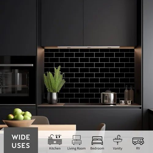 Miniatura 5 de Black Peel and Stick Backsplash Subway Tile, 12"x12", 6-Sheet Self Adhesive, Faux Ceramic, Glossy, 5.97 SQ.FT, For Kitchen Bathroom