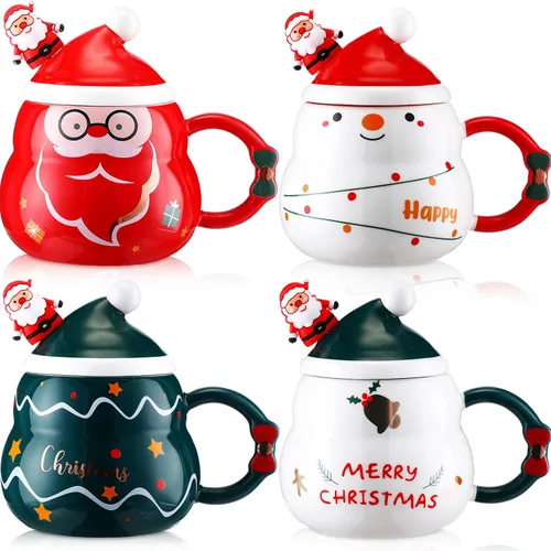 Yaomiao 4 Tazas de Navidad con Tapa de Gorro de Santa y Cuchara 16 oz Taza de Café de Cerámica Linda de Navidad Árbol Festivo Campana Santa Muñeco