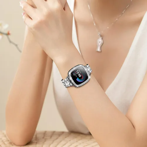 Miniatura 6 de Dsytom Bling Banda de Reloj Elegante Compatible con Fitbit Versa 4, Sense 2, Versa 3, Sense - Correa Linda con Funda Protectora de Rinstone