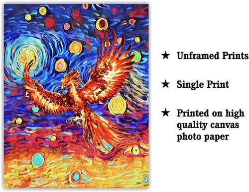Miniatura 2 de Bestbuddy Pet 8X10 sin marco noche estrellada inspirada Phoenix Bird Inmortal Firebird Animales Amante Familia Paz Amor Pintura al óleo Impresión