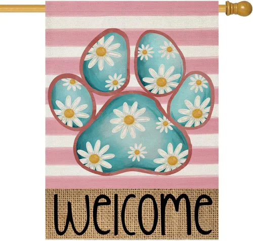 Banderas de bienvenida de primavera para decoración al aire libre, pata de perro con rayas de margaritas y flores, bandera grande para patio,