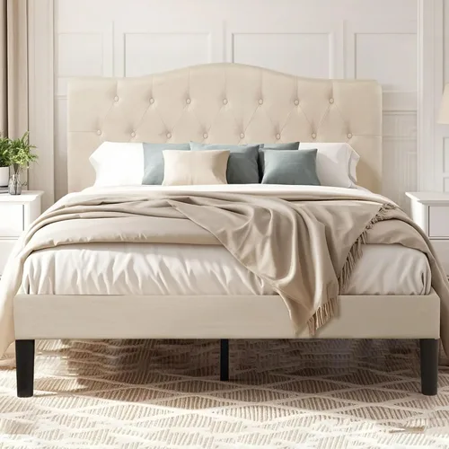 Miniatura 20 de VECELO Base de cama de plataforma de tamaño individual con cabecera tapizada de tela y soporte de listones de madera, no necesita somier/fácil