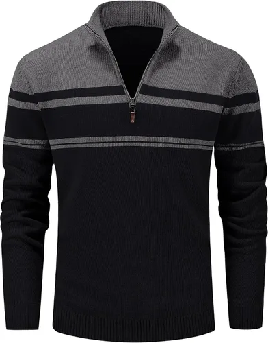 Miniatura 49 de MAGCOMSEN Suéteres de algodón con cremallera de 1/4 para hombre, suéter tipo polo, a rayas, para otoño e invierno, sudaderas cálidas