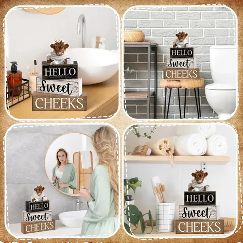 Miniatura 6 de Moucuny 4 piezas de estante de baño, decoración de baño de vaca de las tierras altas, decoración de baño y accesorios rústicos de hojas de eucalipto