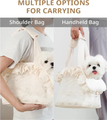Miniatura 6 de ONECUTE Transportador para perros pequeños, conejos, gatos con diseño de encaje, bolsa de algodón, transportador para perros de lado suave, plegable