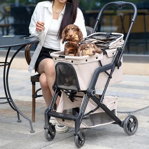 Miniatura 8 de Cochecito para mascotas pequeño/mediano mejorado: perros y gatos de hasta 66 libras, se pliega para almacenamiento y cuenta con un freno de pie