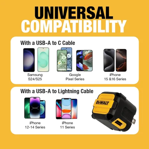 Miniatura 3 de DEWALT Cargador USB NeverBlock de Servicio Pesado, Adaptador de Cargador de Pared de Puerto Dual Angulado de 12W, Enchufe Plegable, Ladrillo de Caja