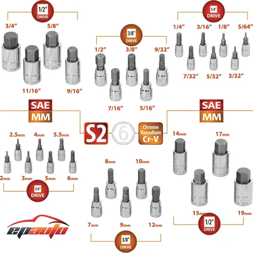 Miniatura 3 de EPAuto Juego de 32 llaves hexagonales + juego de adaptadores de enchufe (1/4, 3/8, 1/2, 3 juegos)