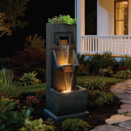 Miniatura 4 de Fuente de agua moderna de 3 niveles para interior/exterior de 35" de alto con luces LED y bomba, cascada en cascada independiente al aire libre