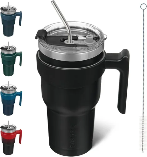 Miniatura 51 de BJPKPK Vaso con asa de acero inoxidable de 20 onzas, con aislamiento de doble pared, con tapa y pajita, color rosa claro A-rosa claro