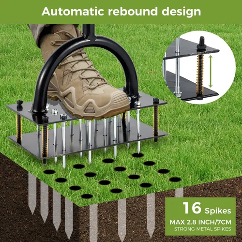 Miniatura 4 de Herramienta aireadora de césped, césped con 15 picos de hierro, limpieza automática de hojas y suciedad con diseño de resorte, aireador manual