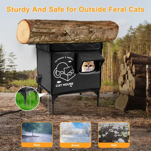 Miniatura 4 de Casa para gatos al aire libre, refugio elevado indestructible para gatos resistente a la intemperie con puerta de escape, exterior impermeable