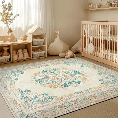 Miniatura 45 de Jinchan Fiora - Alfombra redonda de 8 pies, alfombras vintage con diseño floral envejecido, lavable a máquina, antideslizante, de pelo bajo, Azul
