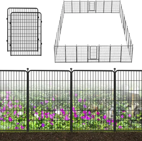 Miniatura 12 de Valla decorativa de metal negro para jardín con puerta, 82 pies de largo, 32 pulgadas de alto, 36 paneles de valla sin excavación, valla de barrera