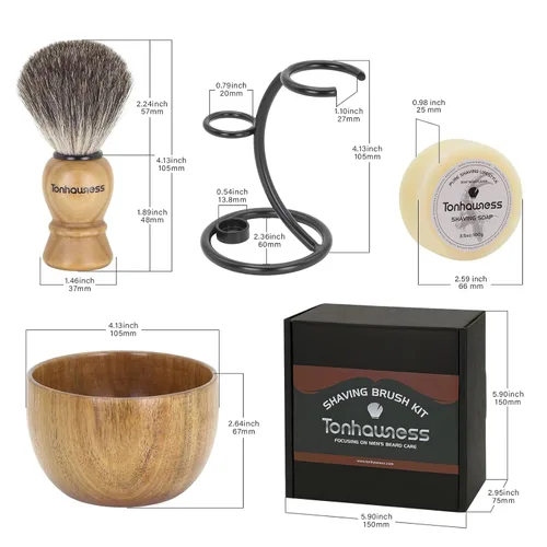 Miniatura 7 de Kit de brochas de afeitar para hombres, 4 en 1, incluye cepillo de afeitar de pelo de tejón, cuenco de madera, soporte de afeitado de acero 4 en 1