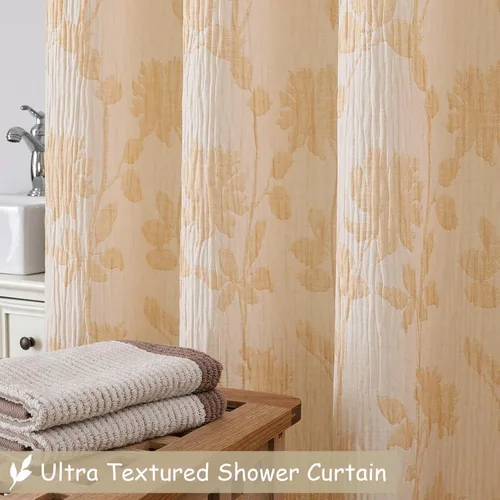 Miniatura 4 de OVZME Cortina de Ducha Extralarga de Oro de 96 Pulgadas de Largo, Tela Suave Texturizada con Flores de Estilo Rústico, Cortina de Ducha Boho